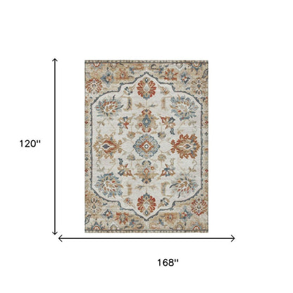 10' X 14' Linen And Ivory Floral Medallion Washable Indoor Outdoor Area Rug HomeRoots