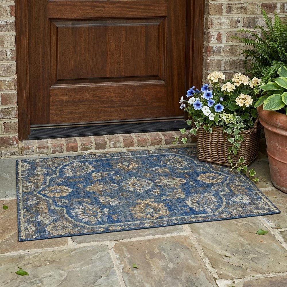 3' X 5' Navy Blue And Blue Floral Medallion Washable Indoor Outdoor Area Rug HomeRoots