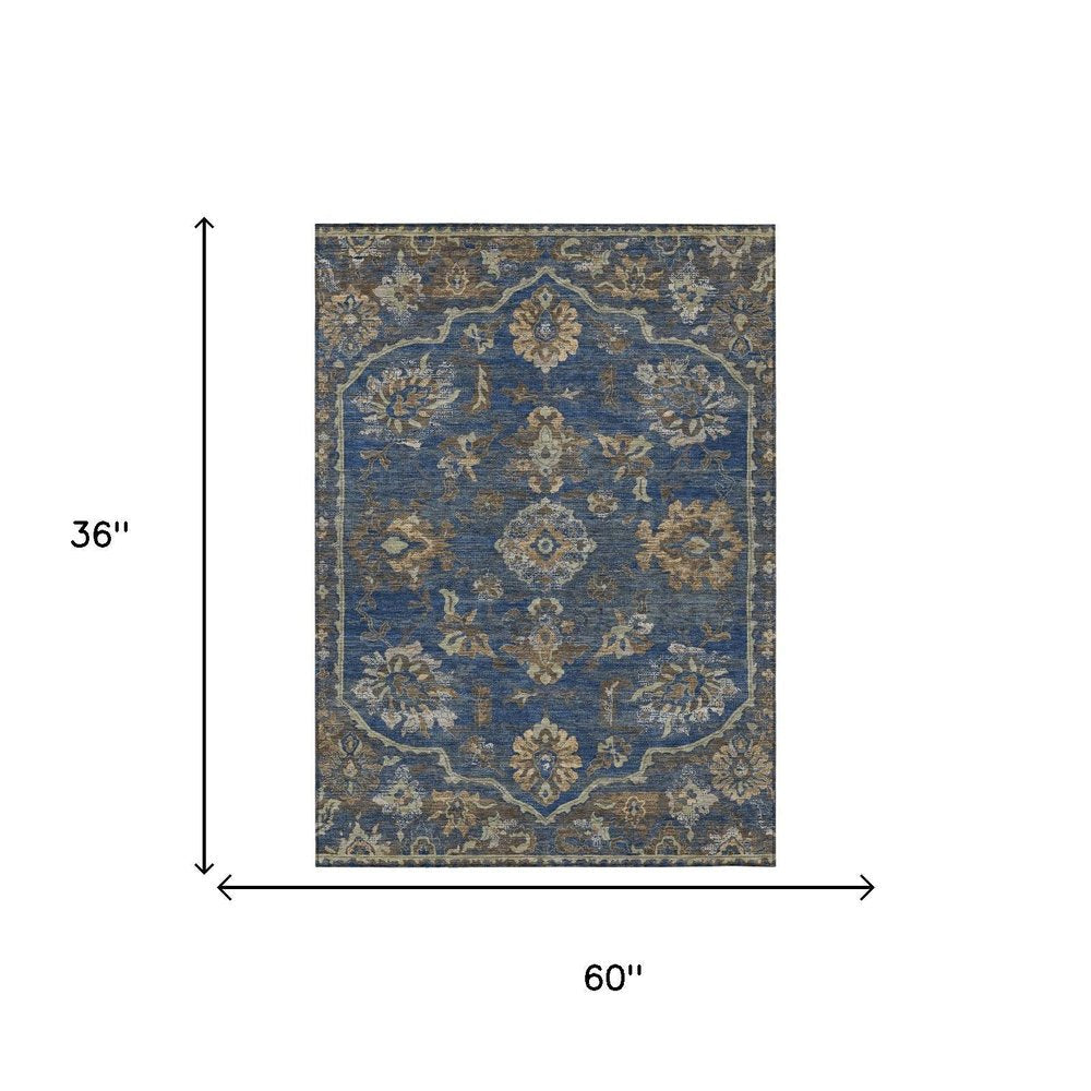 3' X 5' Navy Blue And Blue Floral Medallion Washable Indoor Outdoor Area Rug HomeRoots
