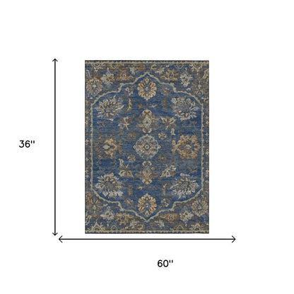 3' X 5' Navy Blue And Blue Floral Medallion Washable Indoor Outdoor Area Rug HomeRoots