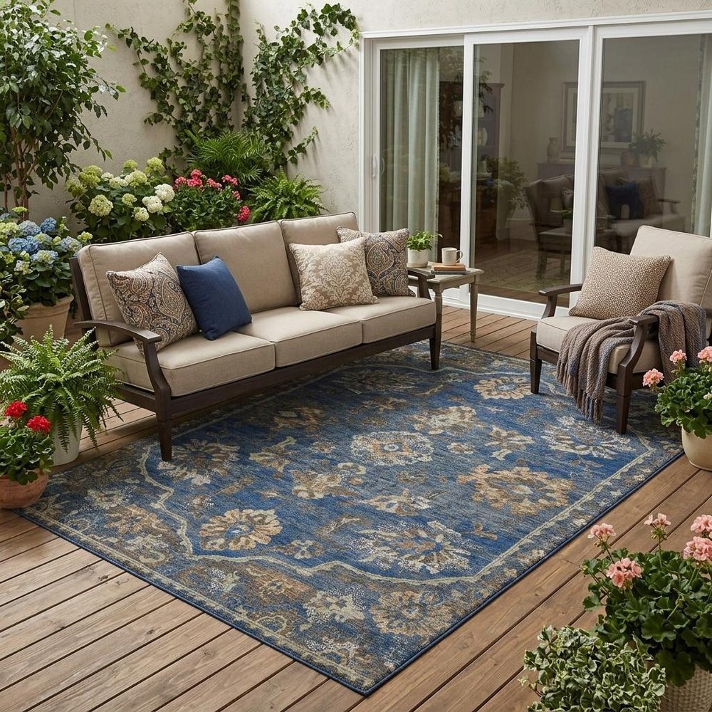 5' X 8' Navy Blue And Blue Floral Medallion Washable Indoor Outdoor Area Rug HomeRoots