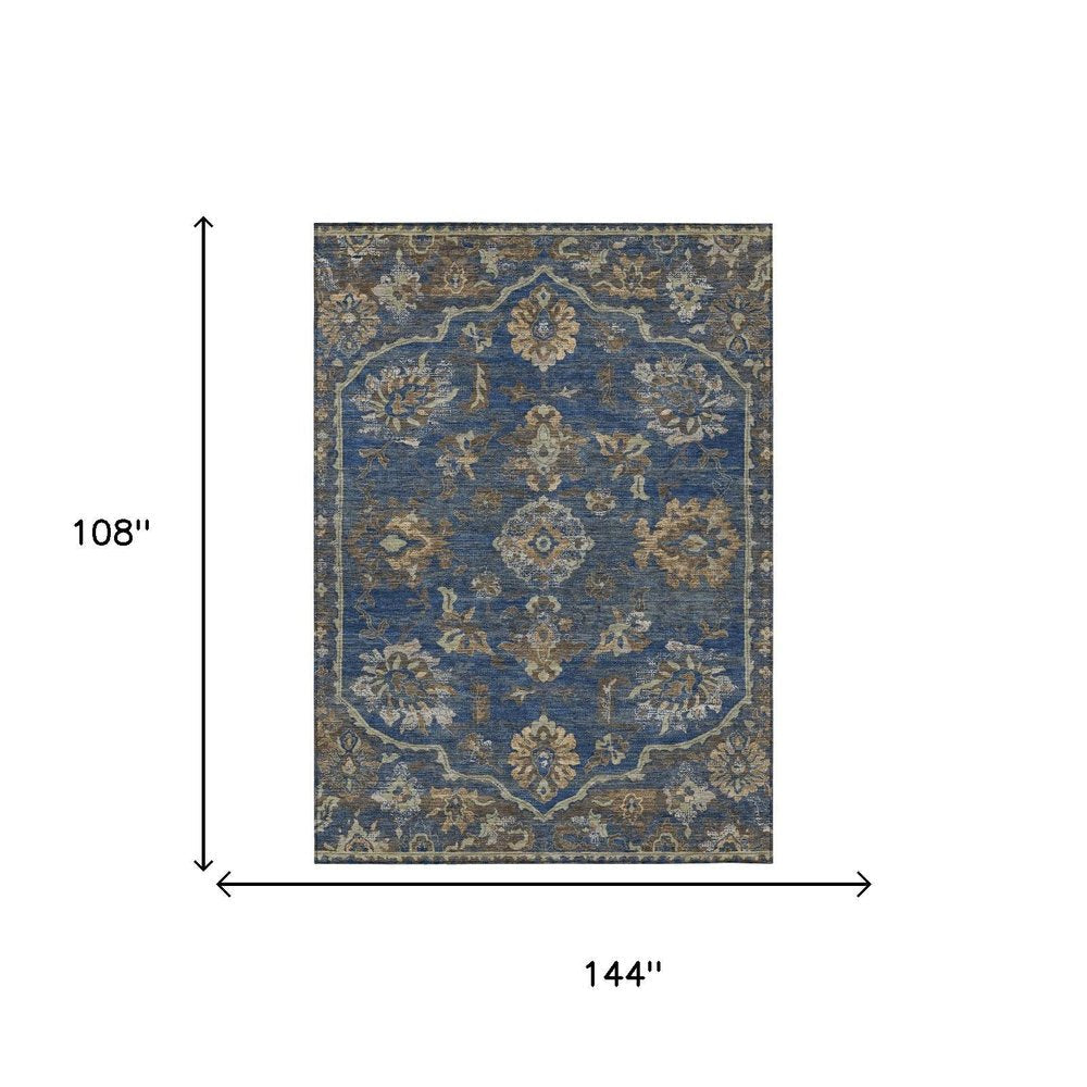 9' X 12' Navy Blue And Blue Floral Medallion Washable Indoor Outdoor Area Rug HomeRoots