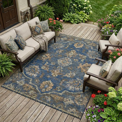 9' X 12' Navy Blue And Blue Floral Medallion Washable Indoor Outdoor Area Rug HomeRoots