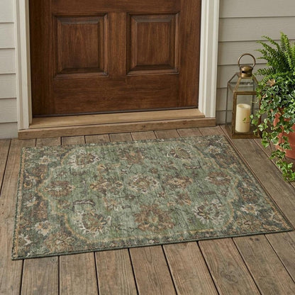 3' X 5' Olive Green And Green Floral Medallion Washable Indoor Outdoor Area Rug HomeRoots