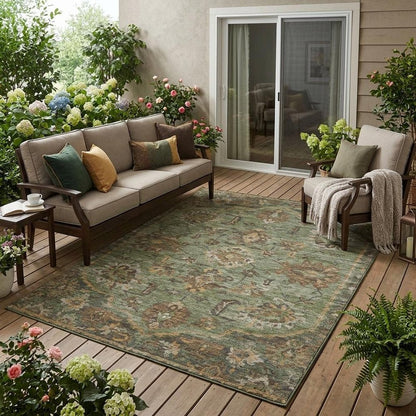 5' X 8' Olive Green And Green Floral Medallion Washable Indoor Outdoor Area Rug HomeRoots