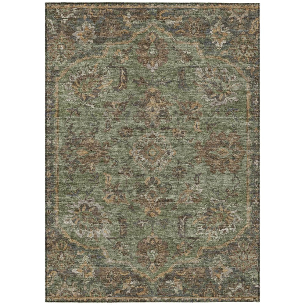 5' X 8' Olive Green And Green Floral Medallion Washable Indoor Outdoor Area Rug HomeRoots