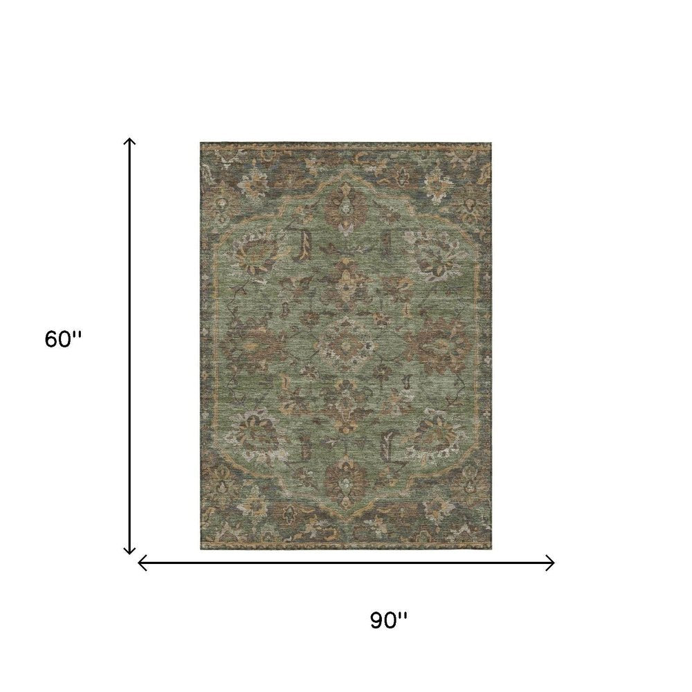 5' X 8' Olive Green And Green Floral Medallion Washable Indoor Outdoor Area Rug HomeRoots