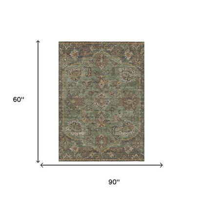 5' X 8' Olive Green And Green Floral Medallion Washable Indoor Outdoor Area Rug HomeRoots