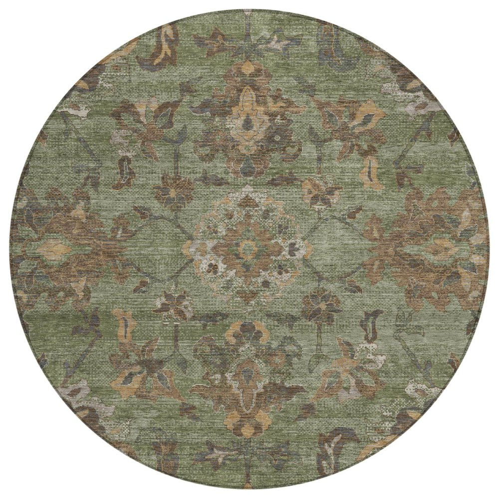 8' Olive Green And Green Round Floral Medallion Washable Indoor Outdoor Area Rug HomeRoots