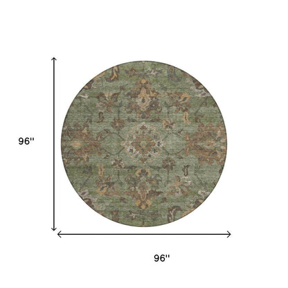 8' Olive Green And Green Round Floral Medallion Washable Indoor Outdoor Area Rug HomeRoots