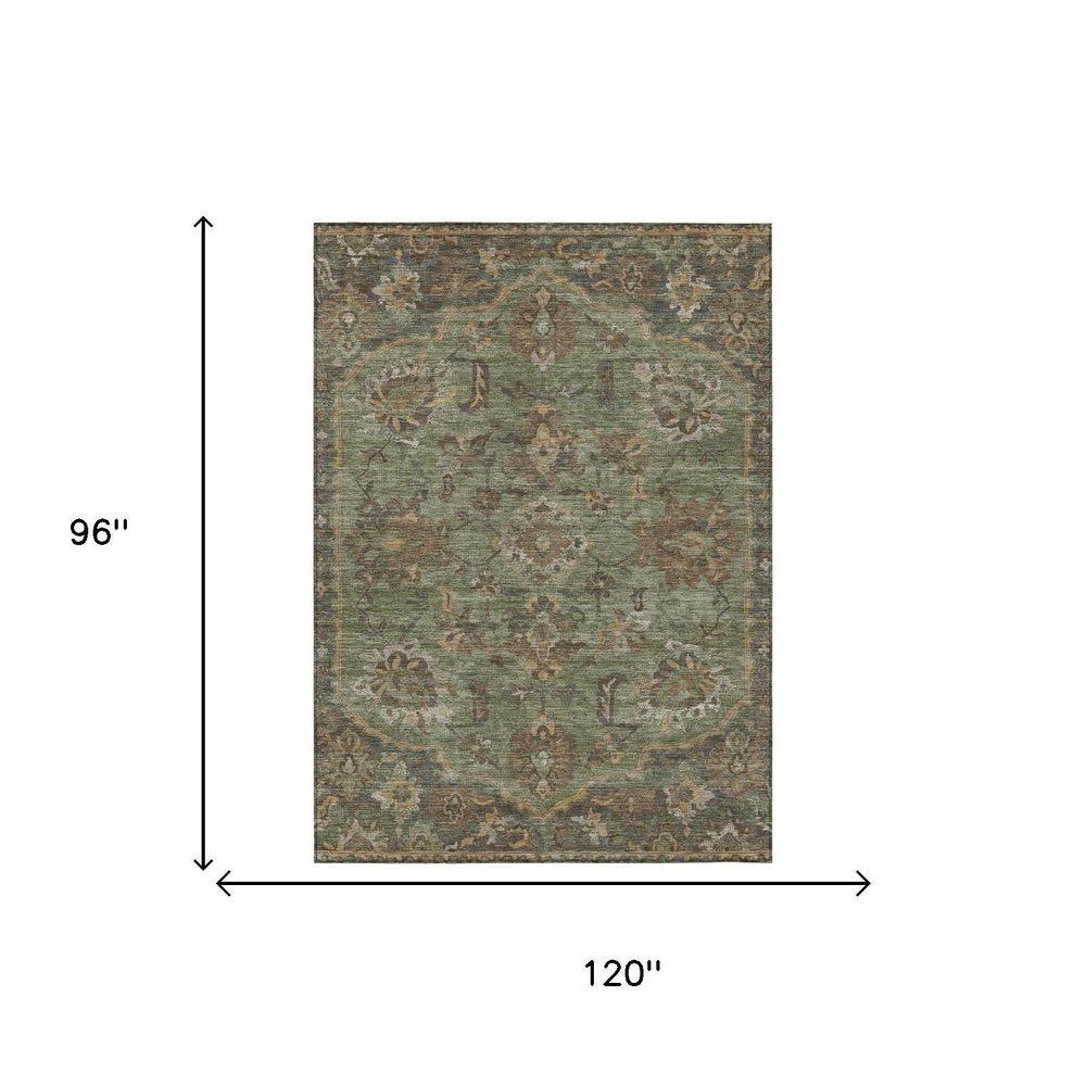 8' X 10' Olive Green And Green Floral Medallion Washable Indoor Outdoor Area Rug HomeRoots