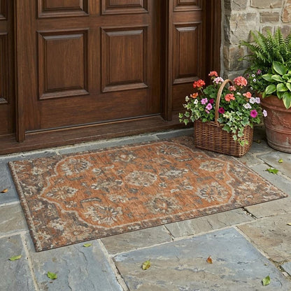 3' X 5' Orange And Brown Floral Medallion Washable Indoor Outdoor Area Rug HomeRoots