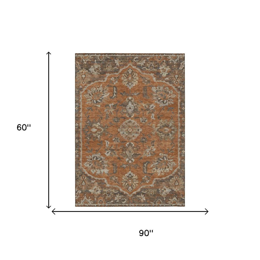 5' X 8' Orange And Brown Floral Medallion Washable Indoor Outdoor Area Rug HomeRoots