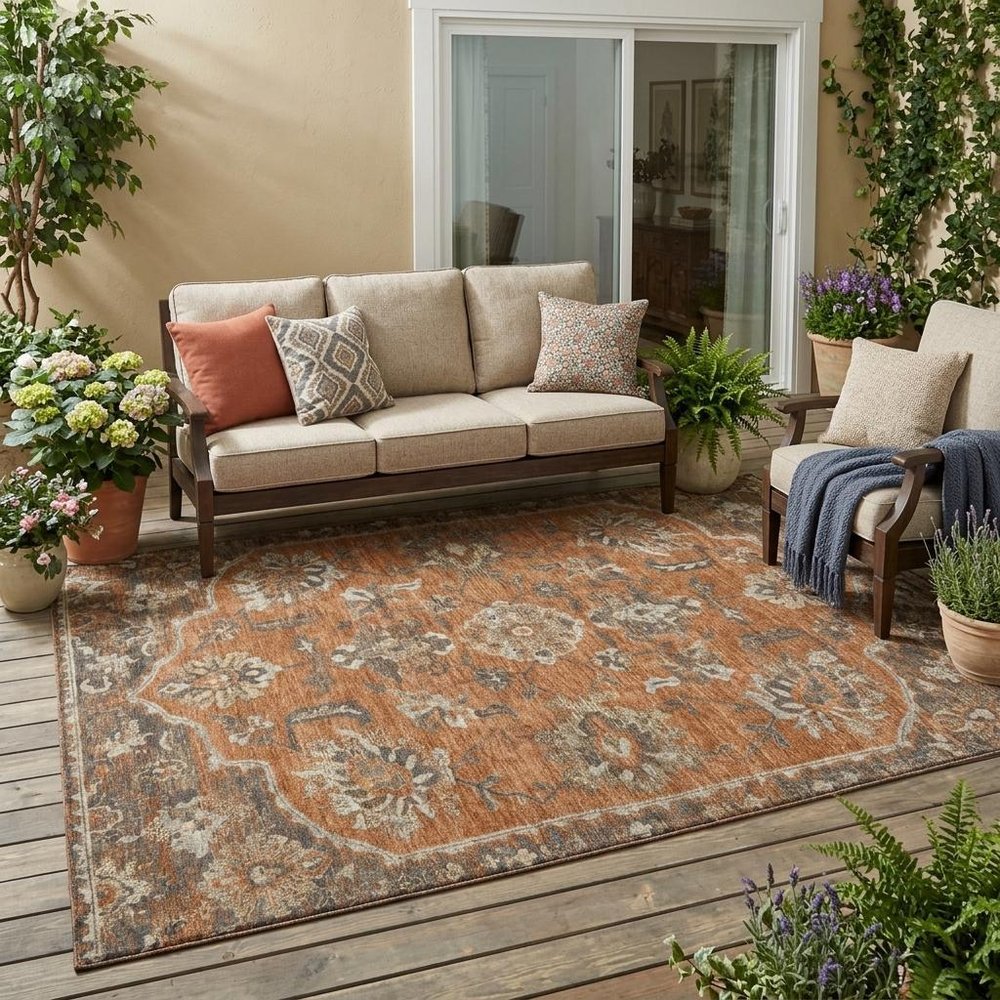 5' X 8' Orange And Brown Floral Medallion Washable Indoor Outdoor Area Rug HomeRoots