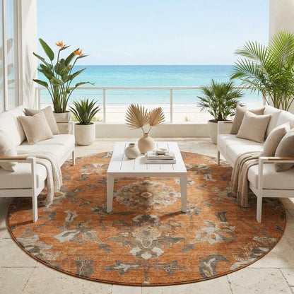 8' Orange And Brown Round Floral Medallion Washable Indoor Outdoor Area Rug HomeRoots