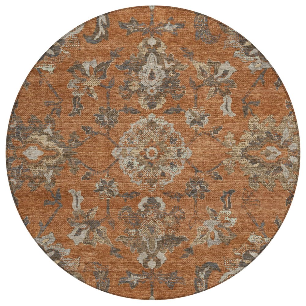 8' Orange And Brown Round Floral Medallion Washable Indoor Outdoor Area Rug HomeRoots