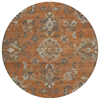 8' Orange And Brown Round Floral Medallion Washable Indoor Outdoor Area Rug HomeRoots
