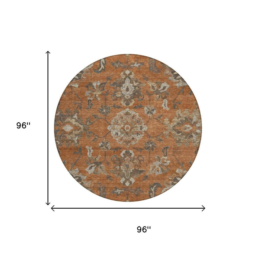 8' Orange And Brown Round Floral Medallion Washable Indoor Outdoor Area Rug HomeRoots