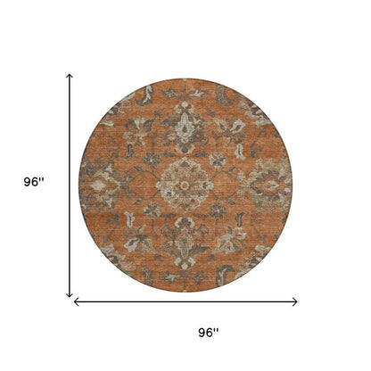 8' Orange And Brown Round Floral Medallion Washable Indoor Outdoor Area Rug HomeRoots