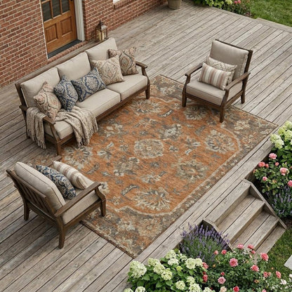 8' X 10' Orange And Brown Floral Medallion Washable Indoor Outdoor Area Rug HomeRoots