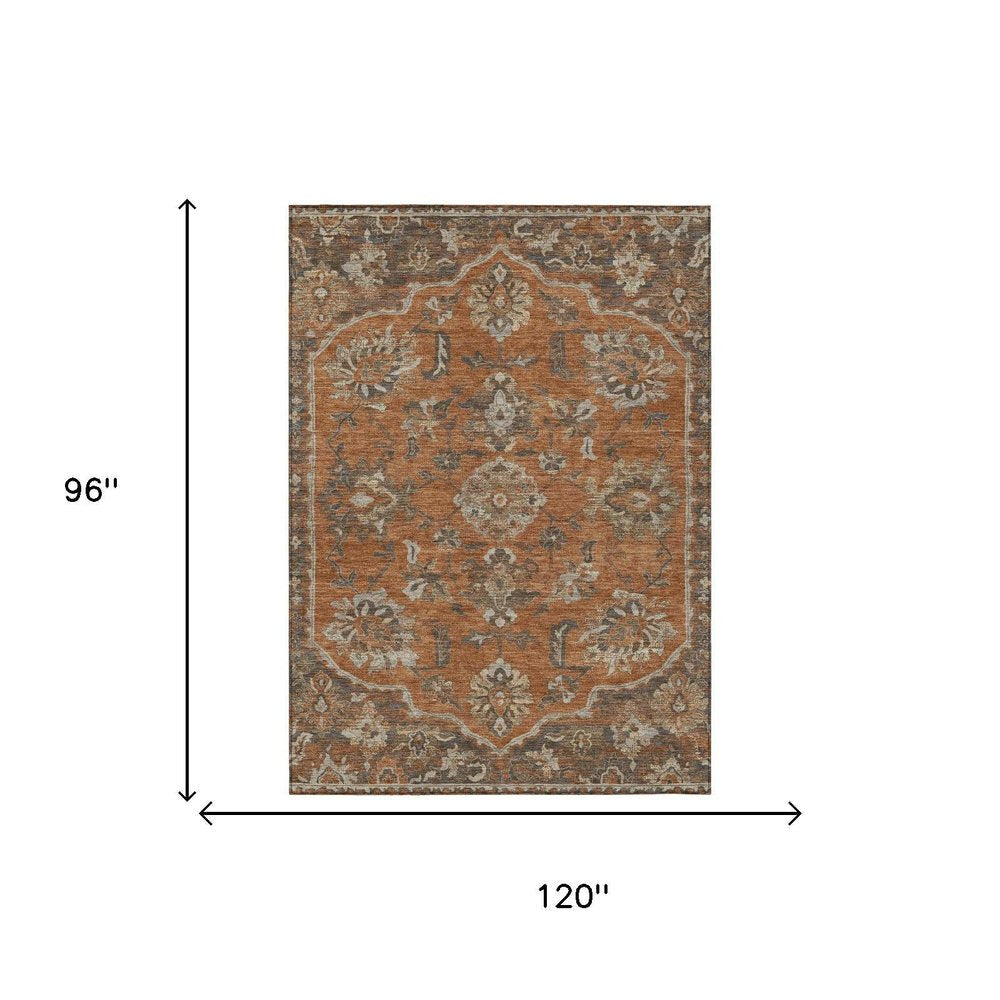 8' X 10' Orange And Brown Floral Medallion Washable Indoor Outdoor Area Rug HomeRoots