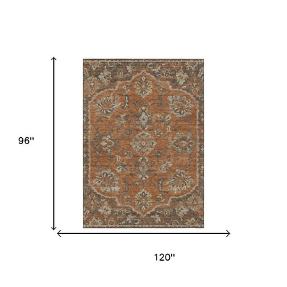 8' X 10' Orange And Brown Floral Medallion Washable Indoor Outdoor Area Rug HomeRoots