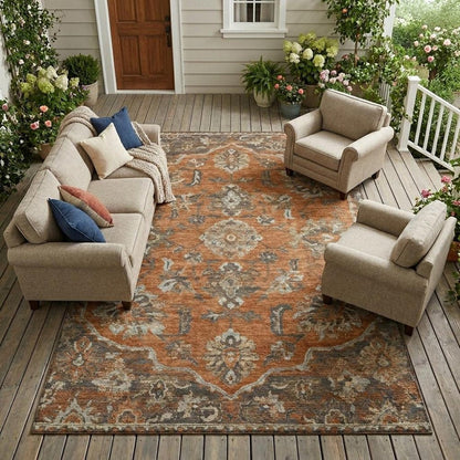 9' X 12' Orange And Brown Floral Medallion Washable Indoor Outdoor Area Rug HomeRoots