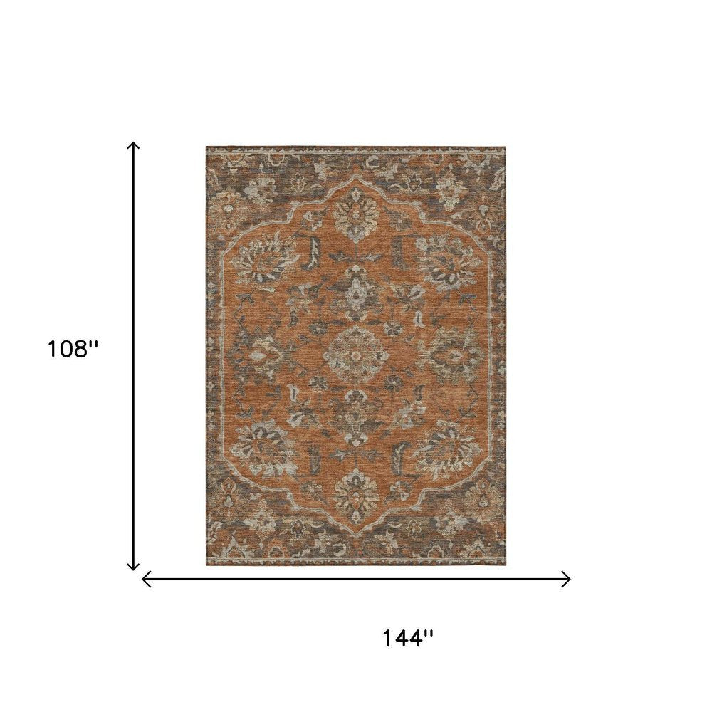 9' X 12' Orange And Brown Floral Medallion Washable Indoor Outdoor Area Rug HomeRoots