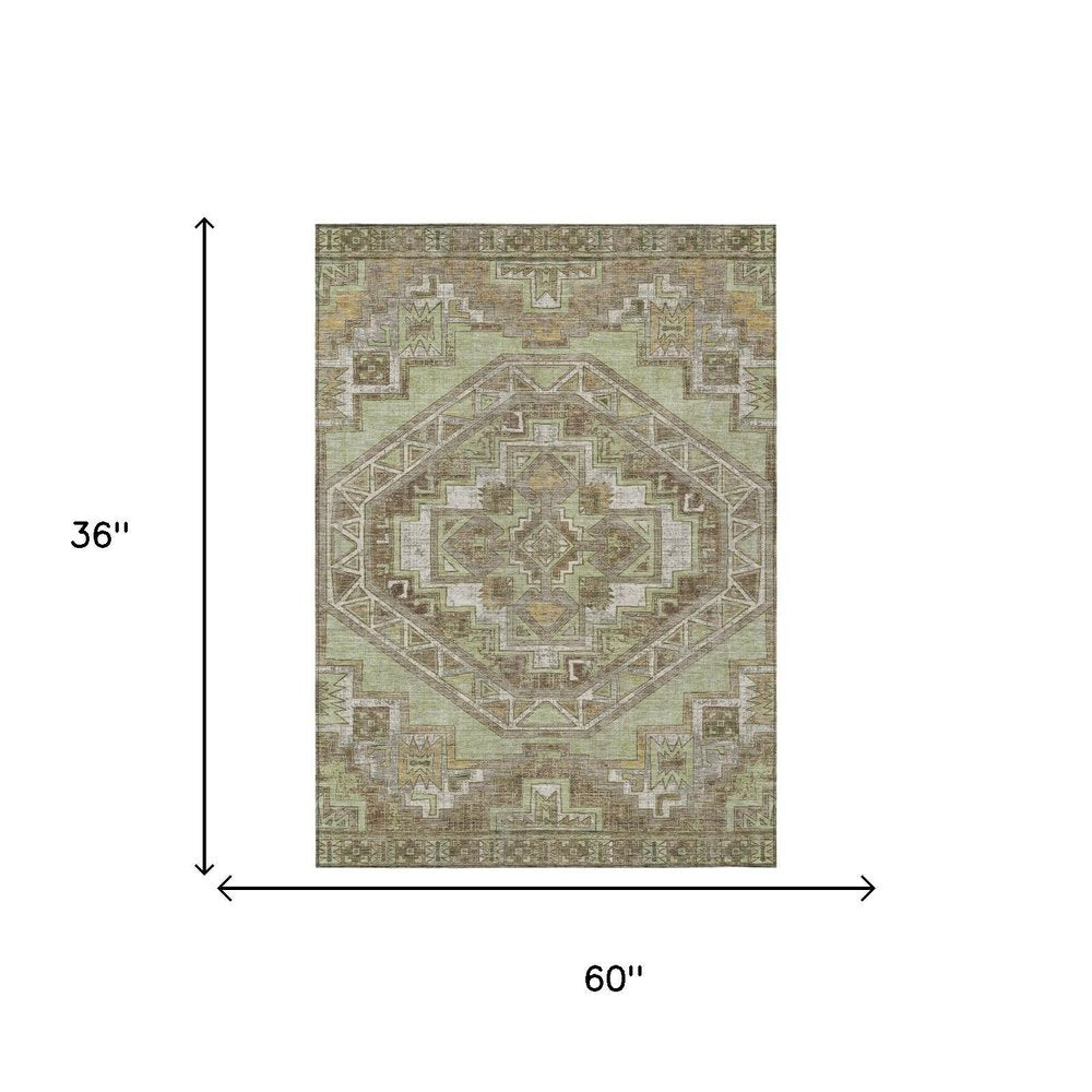 3' X 5' Green And Brown Southwestern Washable Indoor Outdoor Area Rug HomeRoots