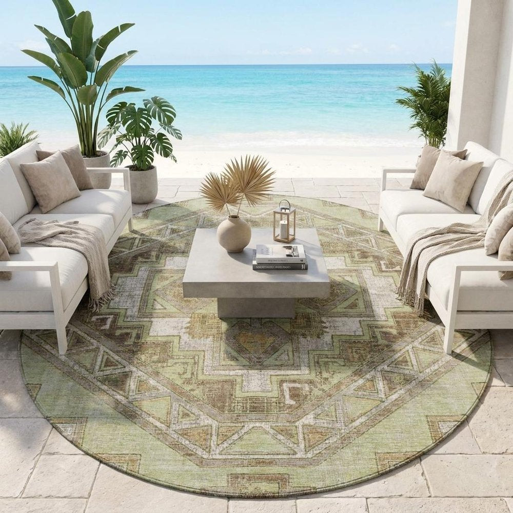 8' Green And Brown Round Southwestern Washable Indoor Outdoor Area Rug HomeRoots