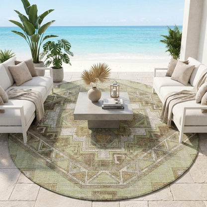 8' Green And Brown Round Southwestern Washable Indoor Outdoor Area Rug HomeRoots
