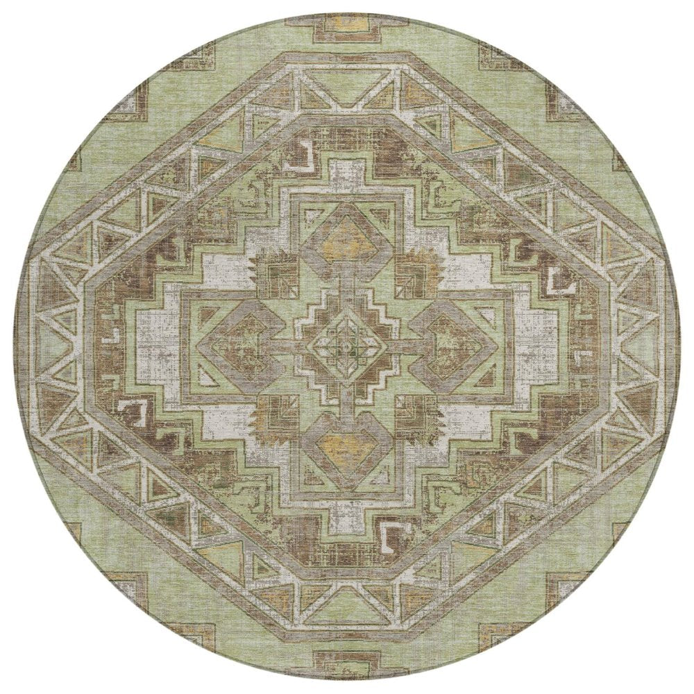 8' Green And Brown Round Southwestern Washable Indoor Outdoor Area Rug HomeRoots