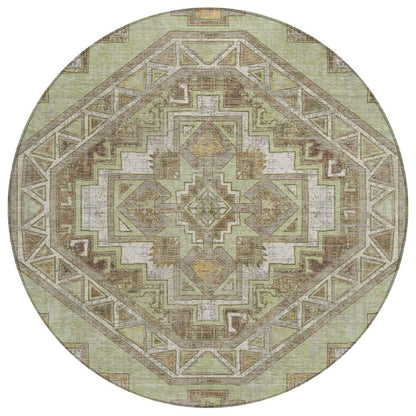 8' Green And Brown Round Southwestern Washable Indoor Outdoor Area Rug HomeRoots