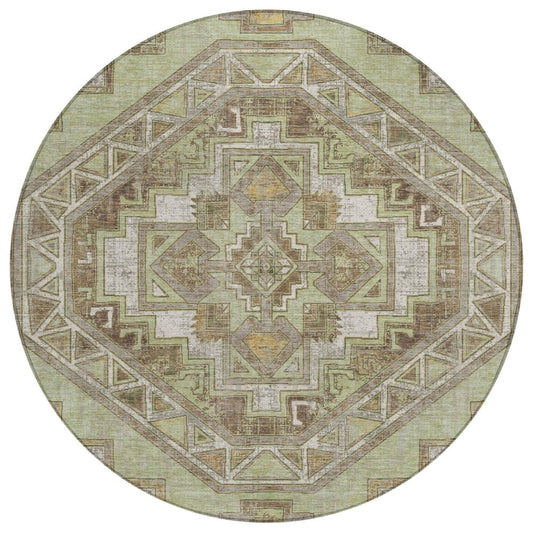 8' Green And Brown Round Southwestern Washable Indoor Outdoor Area Rug HomeRoots