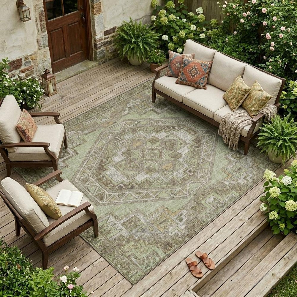9' X 12' Green And Brown Southwestern Washable Indoor Outdoor Area Rug HomeRoots