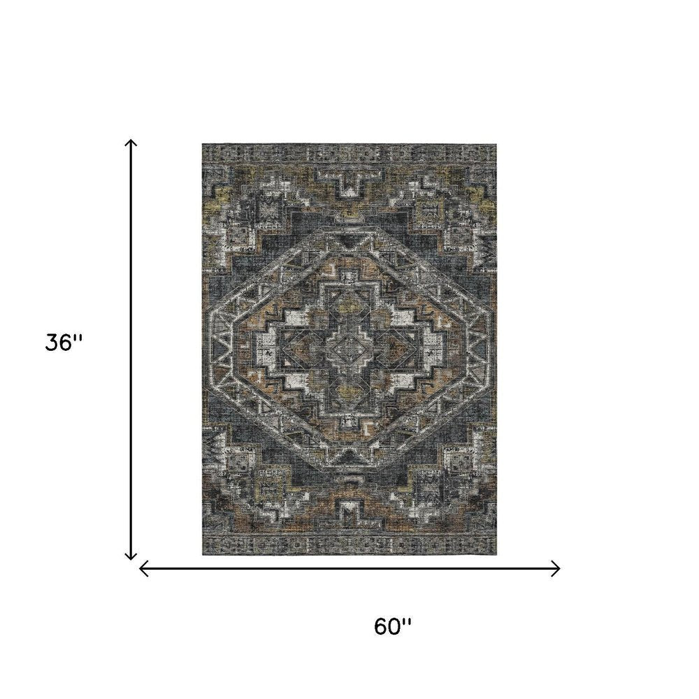 3' X 5' Black And Graphite Southwestern Washable Indoor Outdoor Area Rug HomeRoots