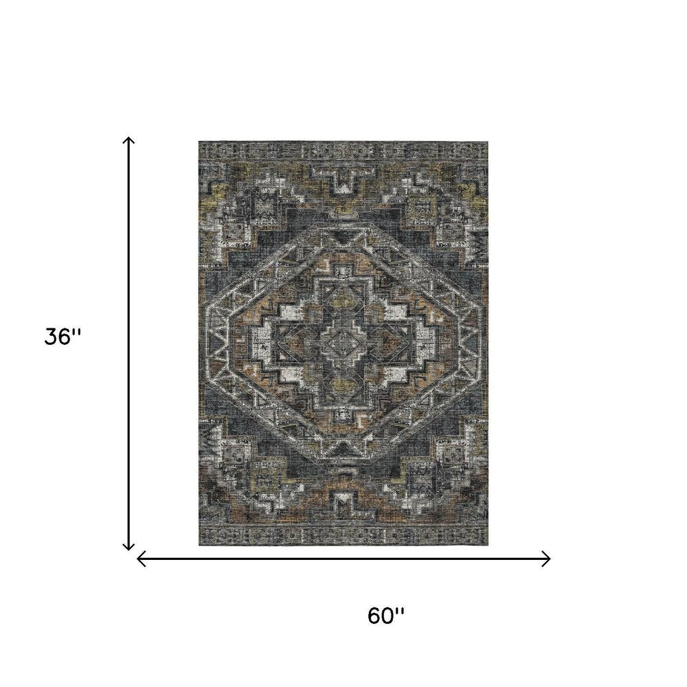3' X 5' Black And Graphite Southwestern Washable Indoor Outdoor Area Rug HomeRoots