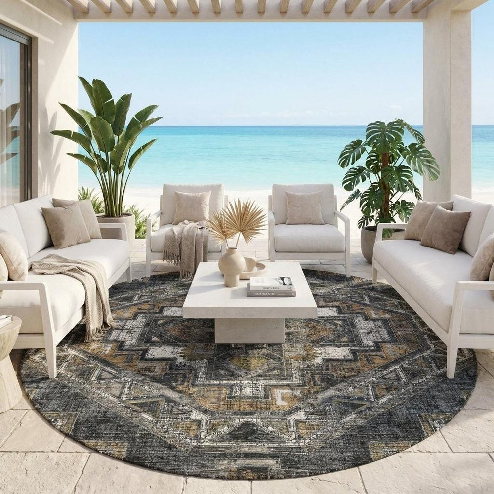 8' Black And Graphite Round Southwestern Washable Indoor Outdoor Area Rug HomeRoots