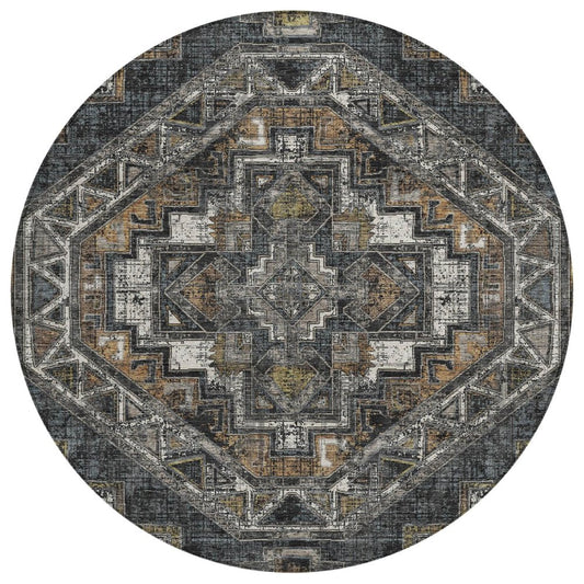 8' Black And Graphite Round Southwestern Washable Indoor Outdoor Area Rug HomeRoots