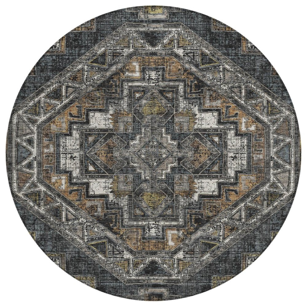 8' Black And Graphite Round Southwestern Washable Indoor Outdoor Area Rug HomeRoots