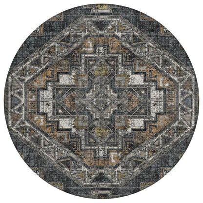 8' Black And Graphite Round Southwestern Washable Indoor Outdoor Area Rug HomeRoots