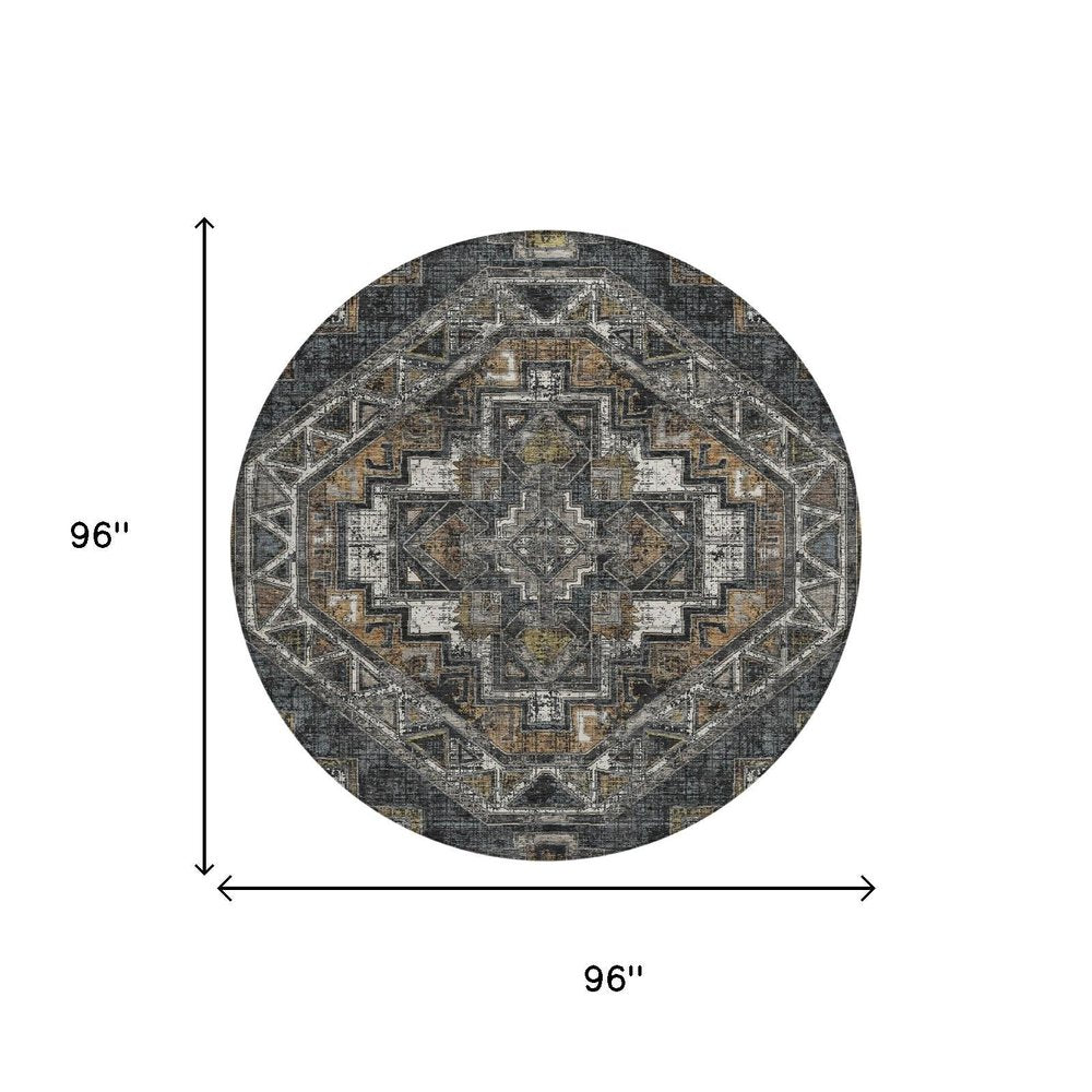 8' Black And Graphite Round Southwestern Washable Indoor Outdoor Area Rug HomeRoots