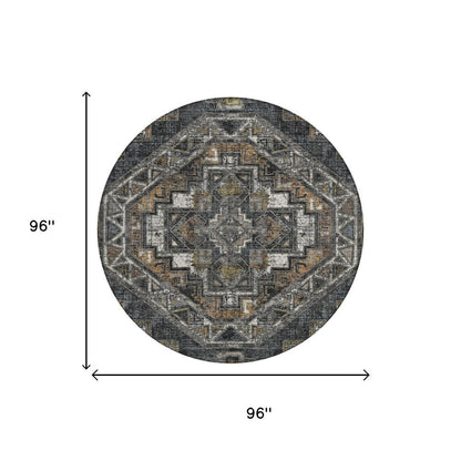 8' Black And Graphite Round Southwestern Washable Indoor Outdoor Area Rug HomeRoots