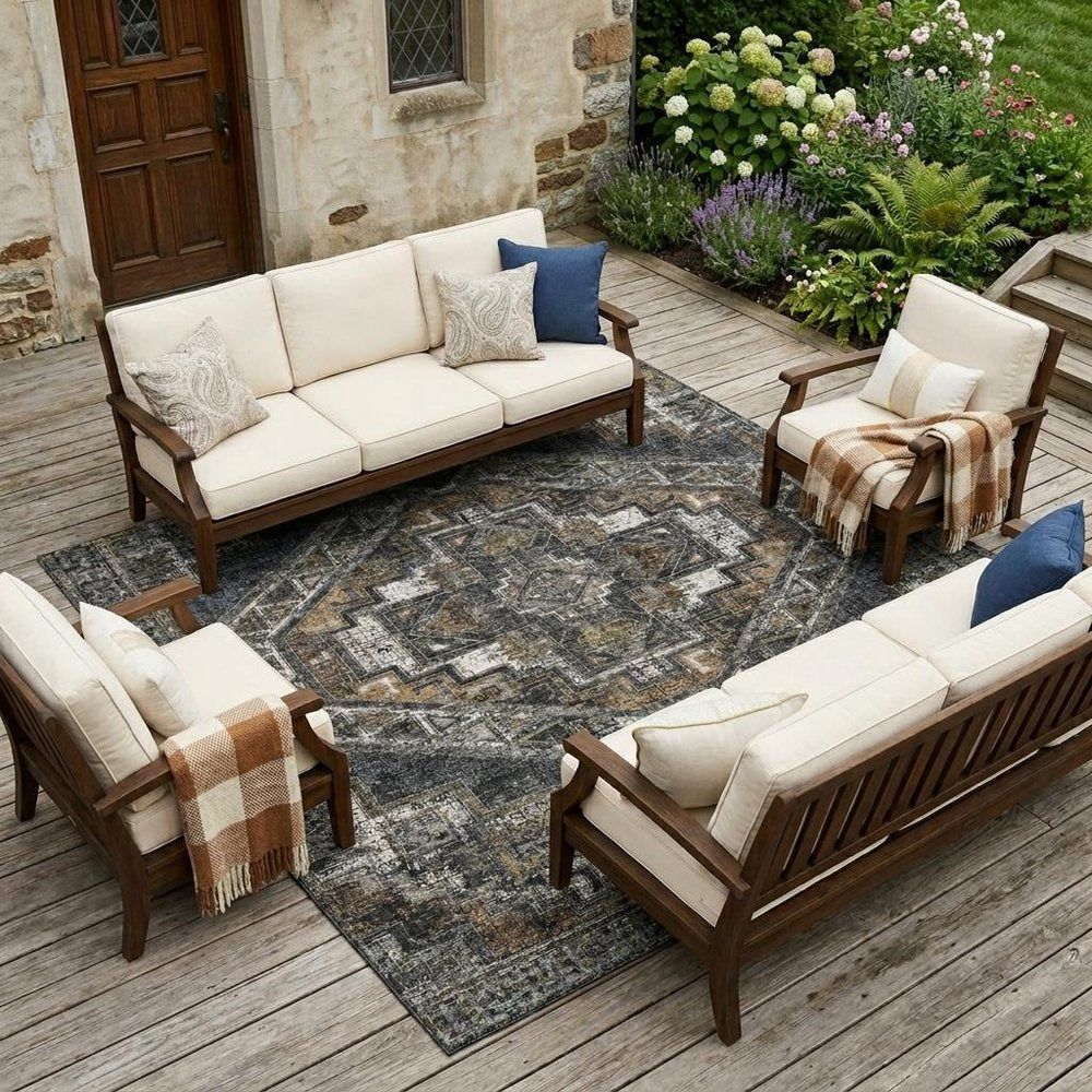 9' X 12' Black And Graphite Southwestern Washable Indoor Outdoor Area Rug