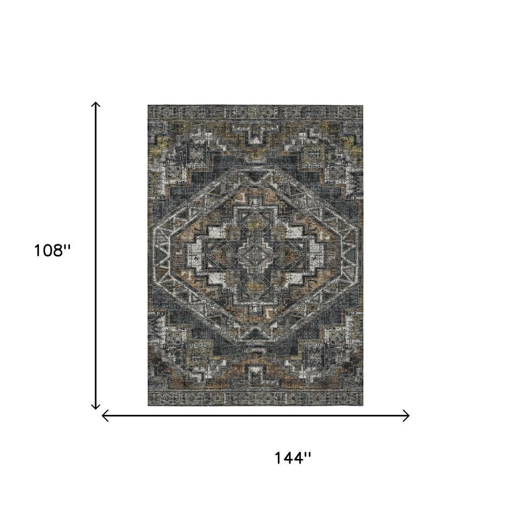 9' X 12' Black And Graphite Southwestern Washable Indoor Outdoor Area Rug