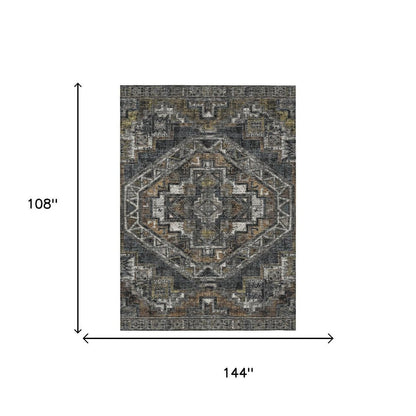 9' X 12' Black And Graphite Southwestern Washable Indoor Outdoor Area Rug
