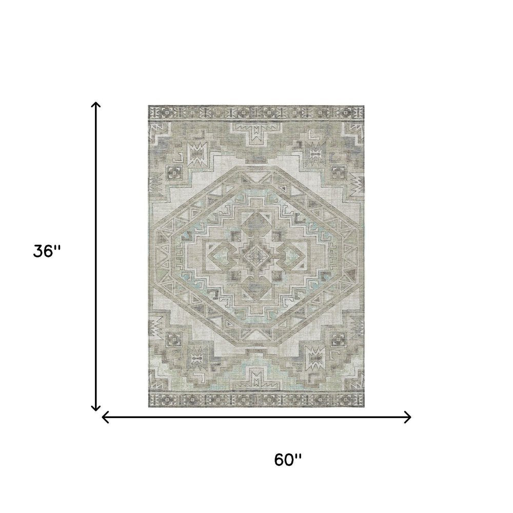 3' X 5' Ivory And Pewter Southwestern Washable Indoor Outdoor Area Rug HomeRoots