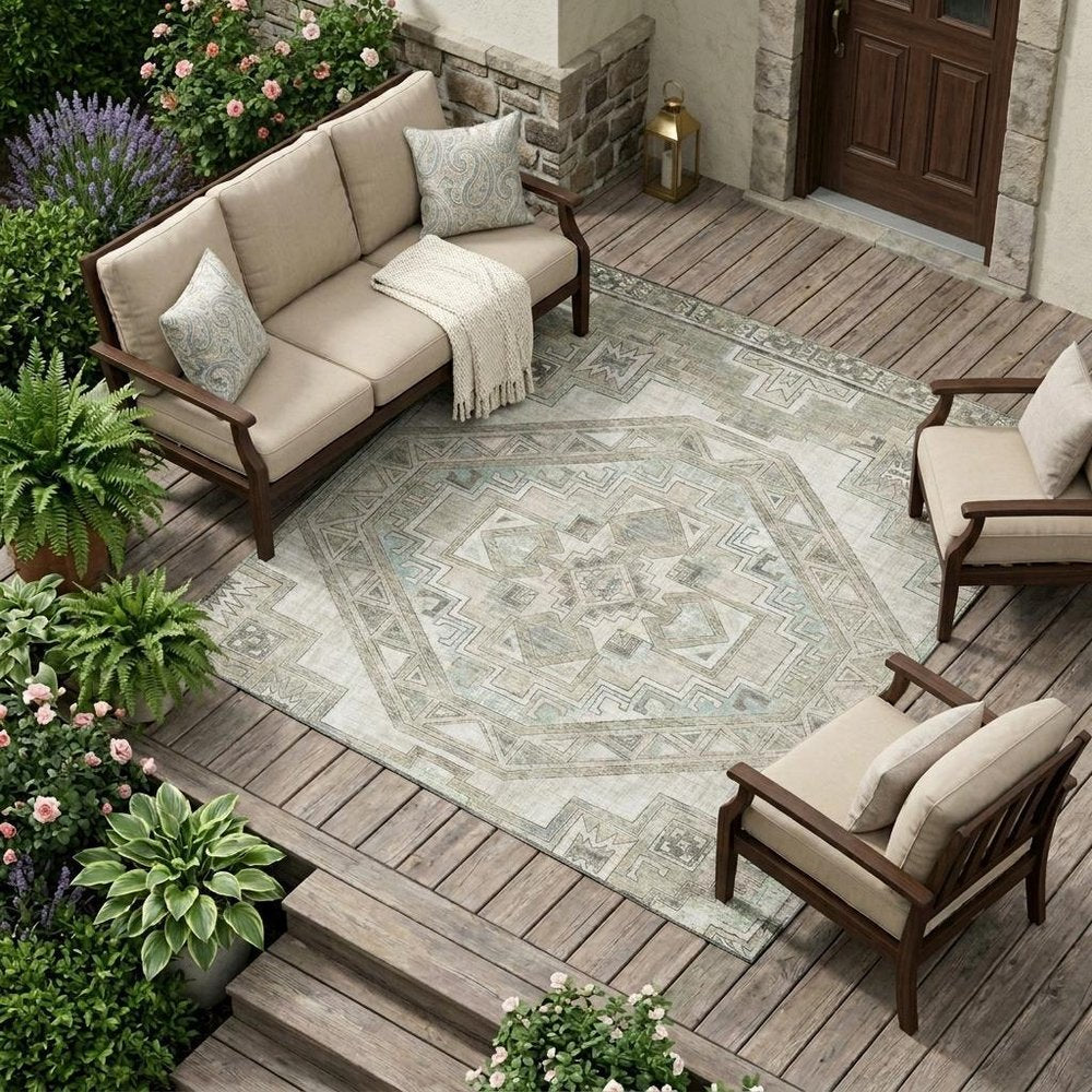 10' X 14' Ivory And Pewter Southwestern Washable Indoor Outdoor Area Rug HomeRoots