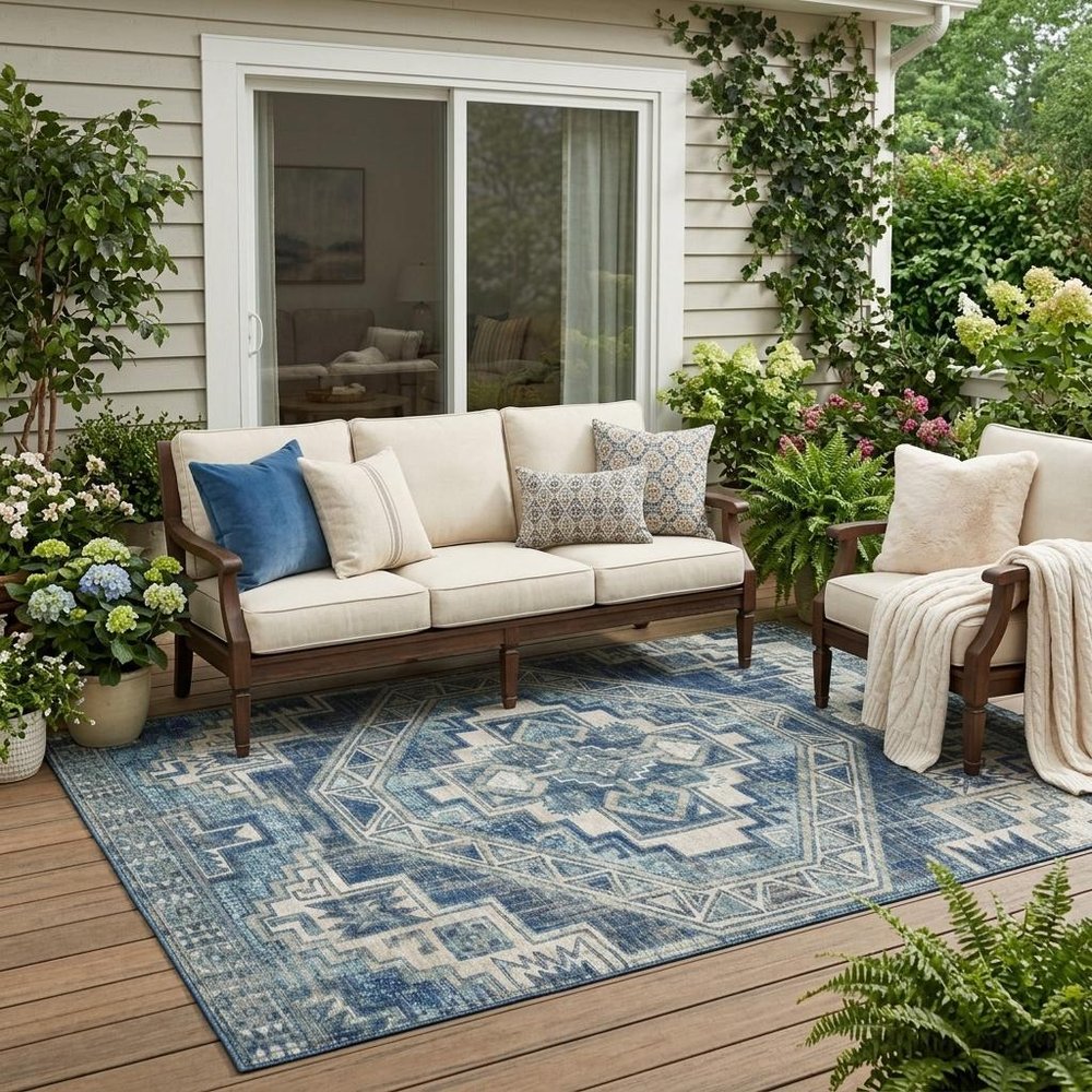 5' X 8' Navy Blue And Blue Southwestern Washable Indoor Outdoor Area Rug HomeRoots