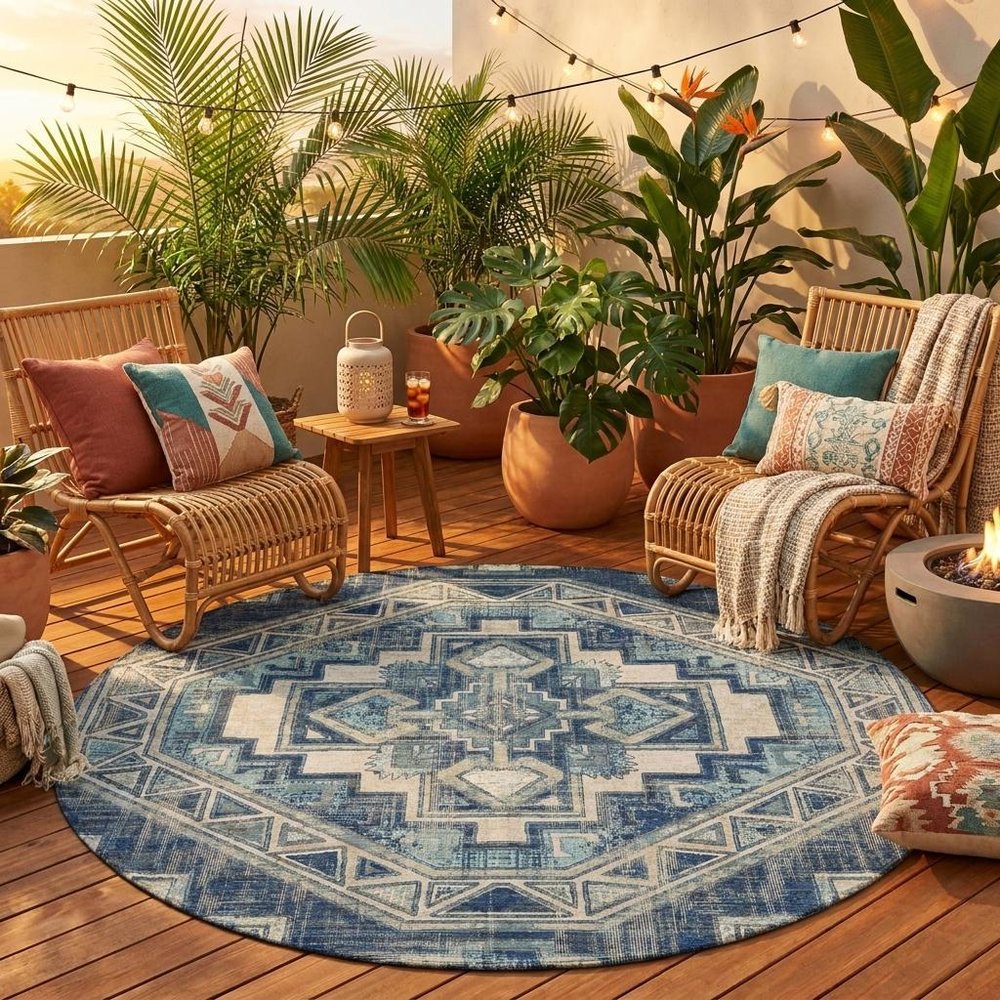 8' Navy Blue And Blue Round Southwestern Washable Indoor Outdoor Area Rug HomeRoots